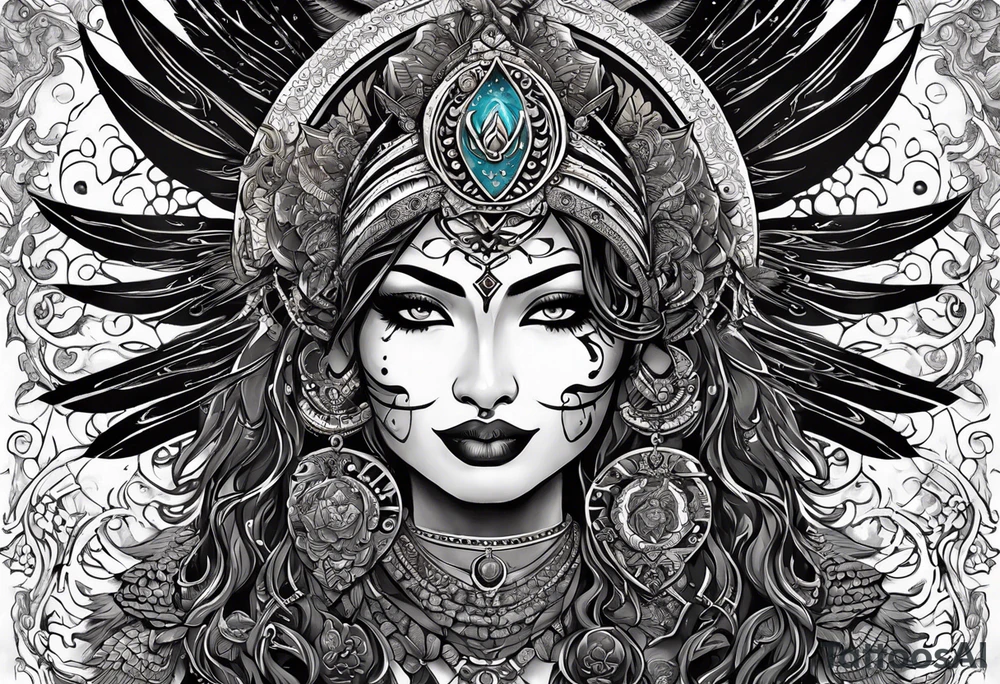 black kali, goddess pirate, alien, angel, pachamama, valkrye, warrior, flying, skull, lotus azul, wing, eagle, zenza resonance, stars, 5D, anahata chakra, death, durga, riding on a tiger, flying lady tattoo idea