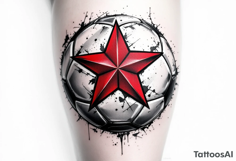 A realistic soccer ball shaded in black and gray, with the red Slavia Praha star boldly overlaying the center. tattoo idea