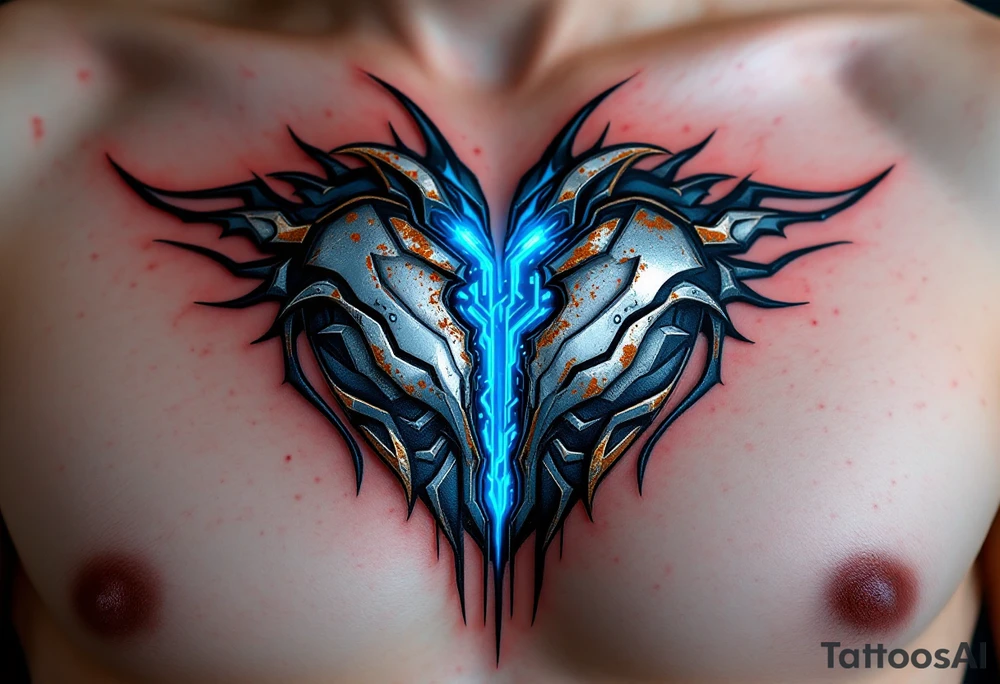 A metallic heart split down the middle, rusting at the edges with neon blue circuitry exposed inside, symbolizing a lost but once-powerful connection. tattoo idea