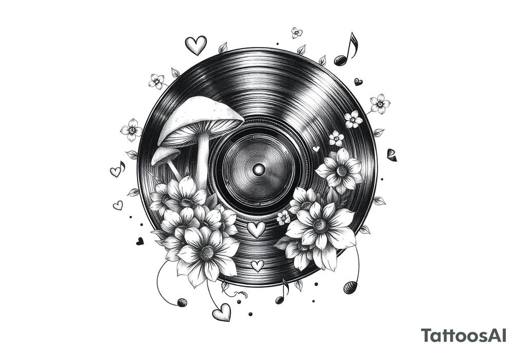 vinyl record with mushrooms, flowers, hearts, and music notes tattoo idea
