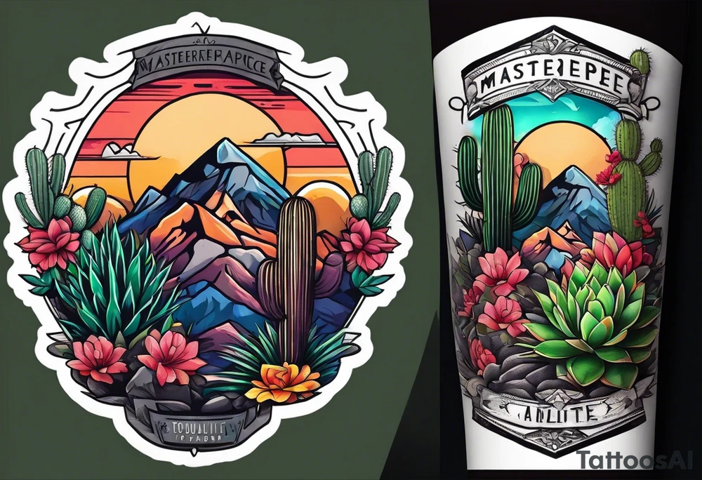 Forearm with mountain, cactus, and hikers tattoo idea