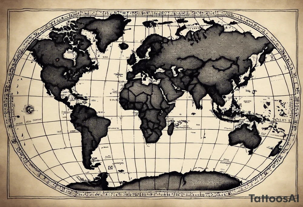 the earth on a flat map with no shading placed on a grid with only the lines with accurate depictions of the borders in countries while having it in an oval/circular position on a grid without any borders on the sides while having the countries not have such bold borders tattoo idea