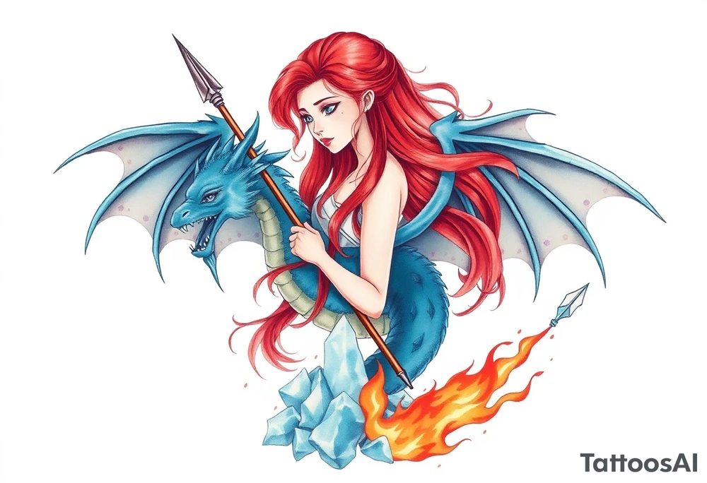 Redheaded girl with a spear through a blue dragon who is breathing fire with wings spread and flying over ice and flames tattoo idea