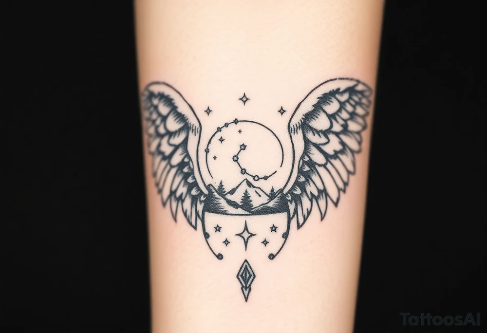 Night sky with constellation, stars & moon seen from a frame of natural landscape angel wings spiritual tattoo idea