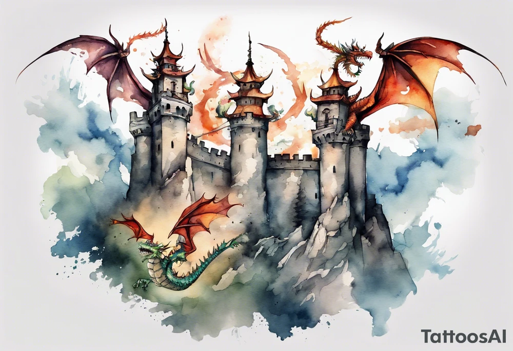3 dragons flying around the highest part of the castle, defending it from a village with angry people tattoo idea