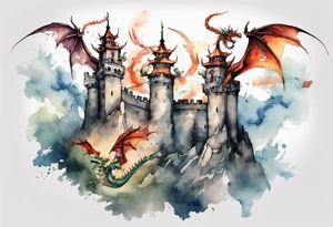 3 dragons flying around the highest part of the castle, defending it from a village with angry people tattoo idea
