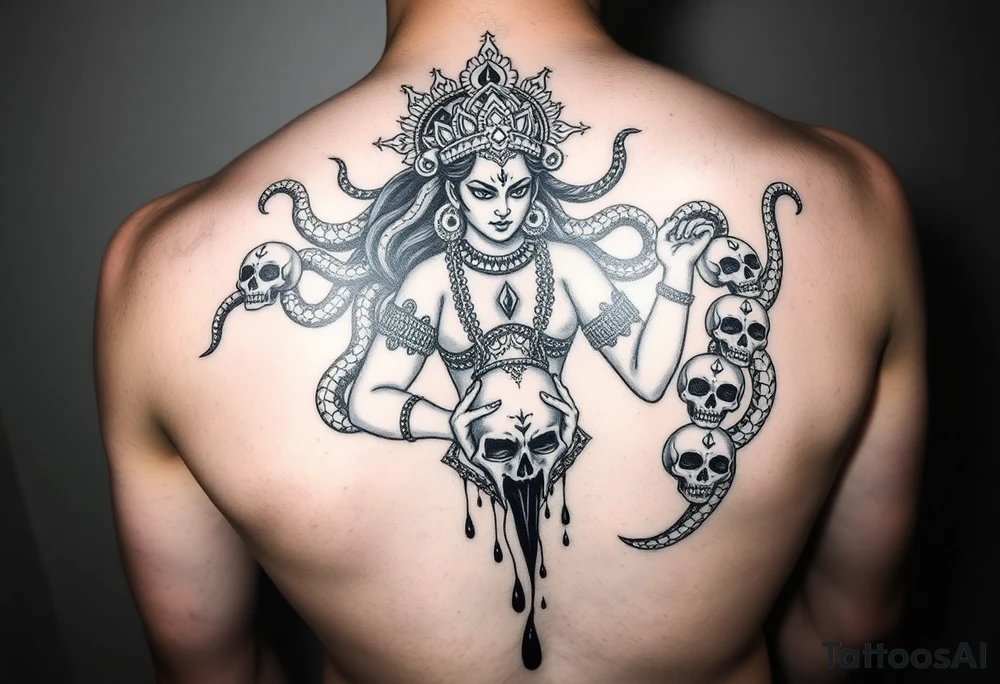 Mythological Chhinnamasta in dramatic tattoo style — nude goddess, fierce eyes, holding severed head, jets of blood. Attendants beside her drink the blood. Garlands of skulls, serpents around arms. Symbolizes self-sacrifice, duality, transformation. Epic composition, Hindu-inspired tattoo, high detail. tattoo idea