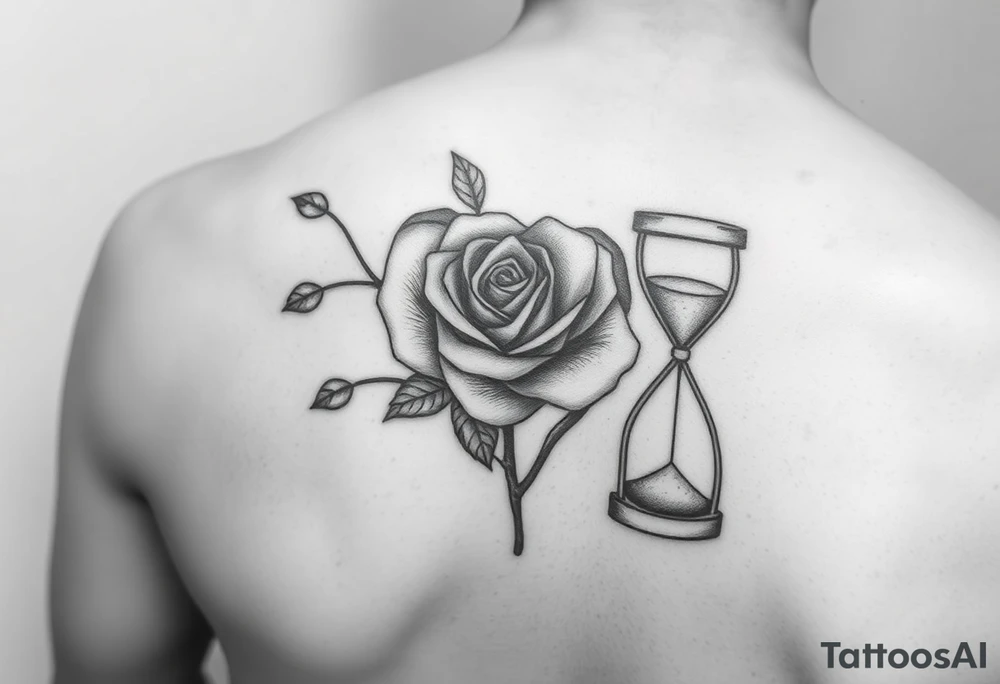 Arose in the shape of a heart with pieces of the Rose blowing away in the wind and the other half an hourglass with the sand out of time black and white feminine realistic for the top of my shoulder 
Shoulder tattoo idea