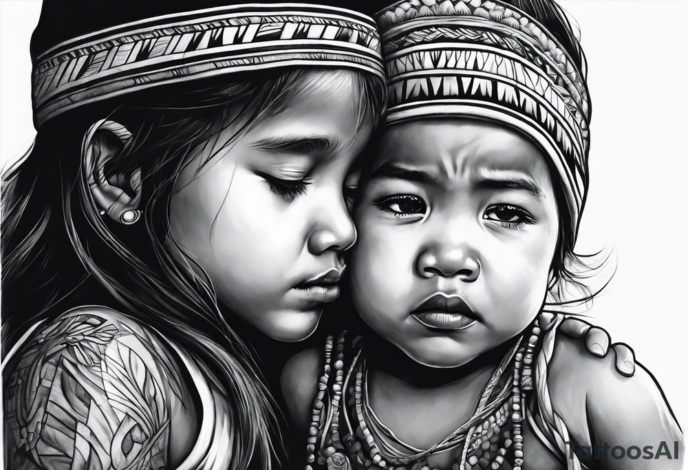 Little girl crying with native fathers spirit tattoo idea