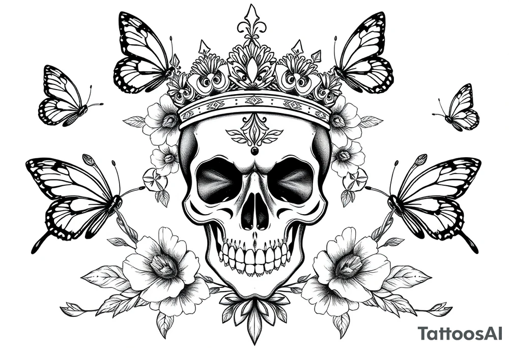 ornate skull adorned with gorgeous crown surrounded by boho flowers and butterflies tattoo idea