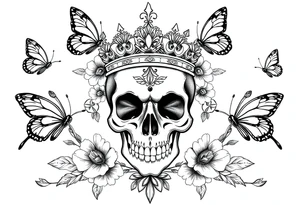 ornate skull adorned with gorgeous crown surrounded by boho flowers and butterflies tattoo idea