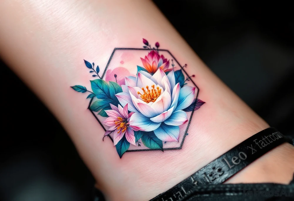 Leo sign, larkspur and water lily surrounded by a hexagon tattoo idea