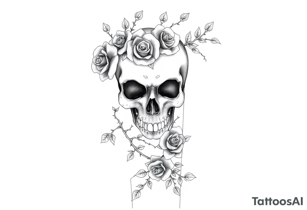 gothic skull intertwined with climbing roses and thorny vines tattoo idea