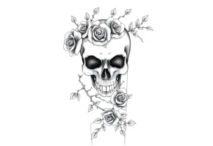 gothic skull intertwined with climbing roses and thorny vines tattoo idea