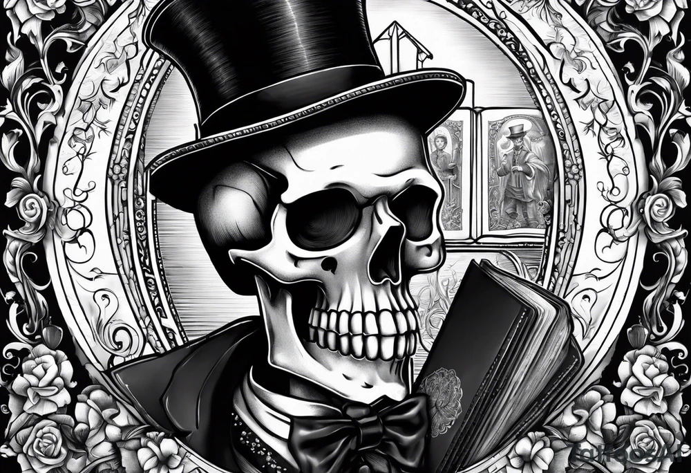 old time skeleton wearing a top hat holding a holy bible tattoo idea