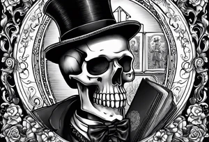 old time skeleton wearing a top hat holding a holy bible tattoo idea