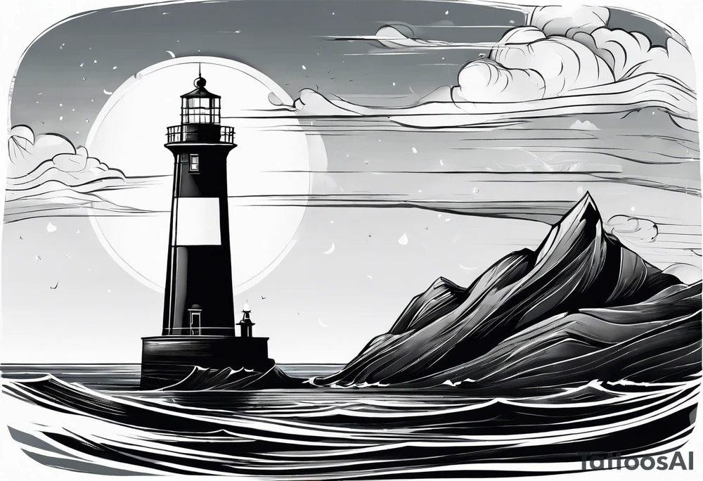 maritime lighthouse partially hidden by its large fixed sail. calm sea reflection. tattoo idea