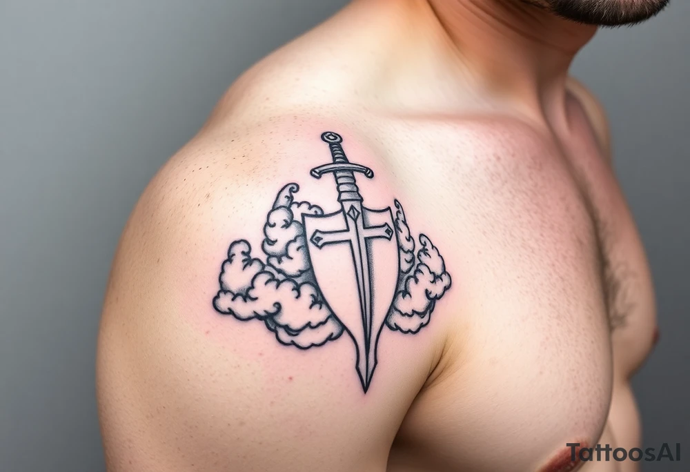 Half sleeve. King Alfred the great, sword, clouds, shield, cross tattoo idea
