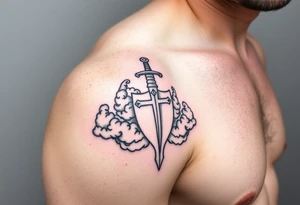 Half sleeve. King Alfred the great, sword, clouds, shield, cross tattoo idea