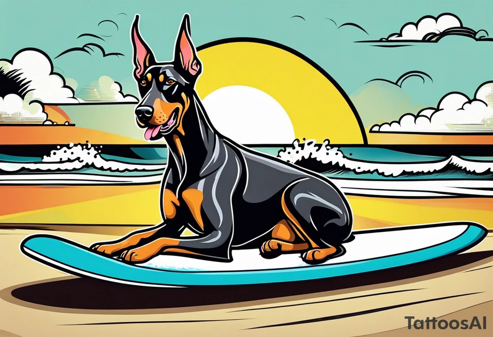 doberman smoking a cigar on a surfboard tattoo idea