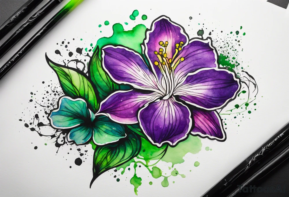 A mystical outline of a rio dipladenia flower and a green and purple watercolor splash in the background tattoo idea