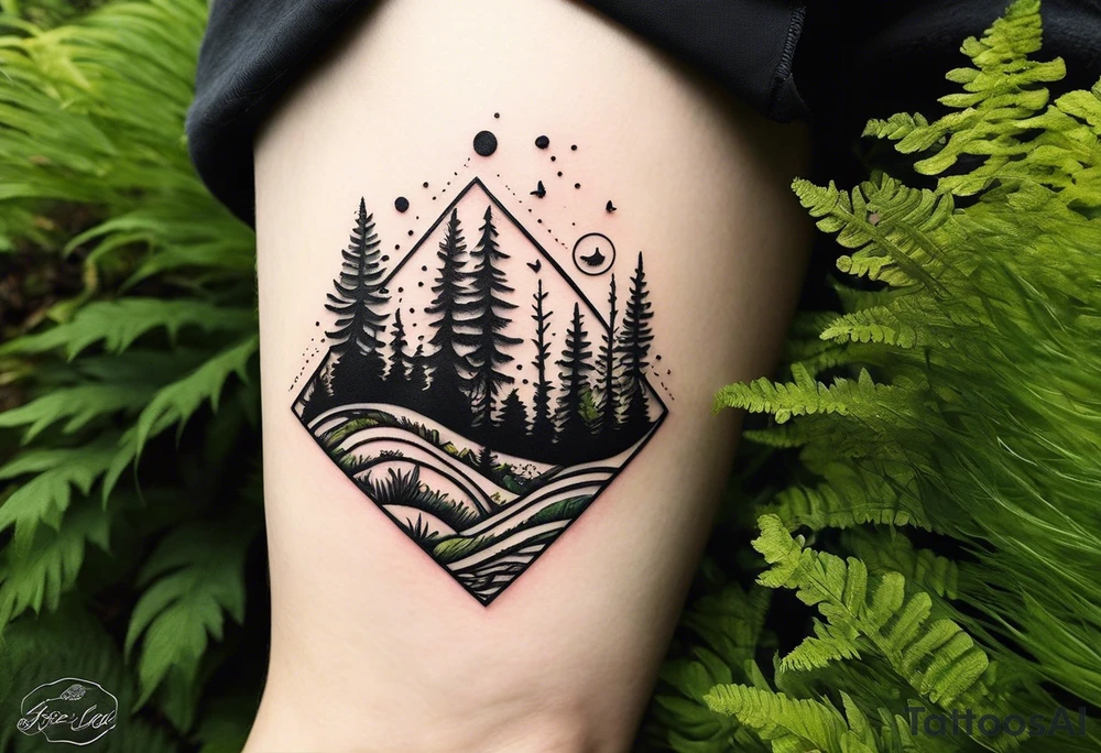 minimalistic forest floor inspired tattoo, which includes grass, moss, curly ferns and dead leaves as the bulk of the tattoo. details to include: forest berries, couple of very small brown mushrooms, a tiny bumblebee flying nearby tattoo idea