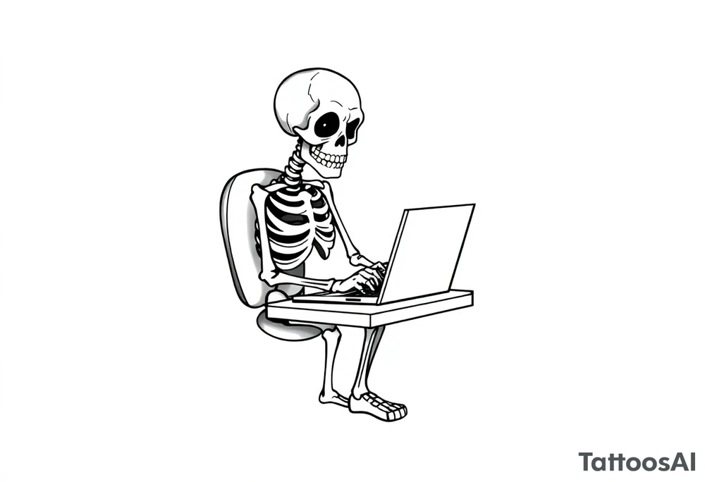 skeleton working at a desk with a laptop tattoo idea