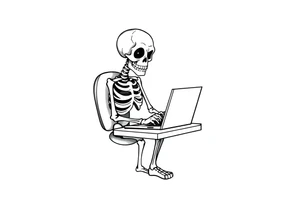 skeleton working at a desk with a laptop tattoo idea