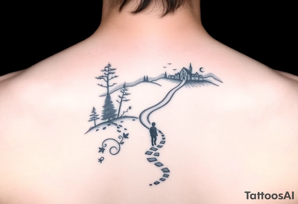 tattoo design for shoulder: path beginning in the bottom end and winding upwards. The first third starting at the bottom. On the left are a few trees and on the right side a village and a school. A child is walking the path. tattoo idea