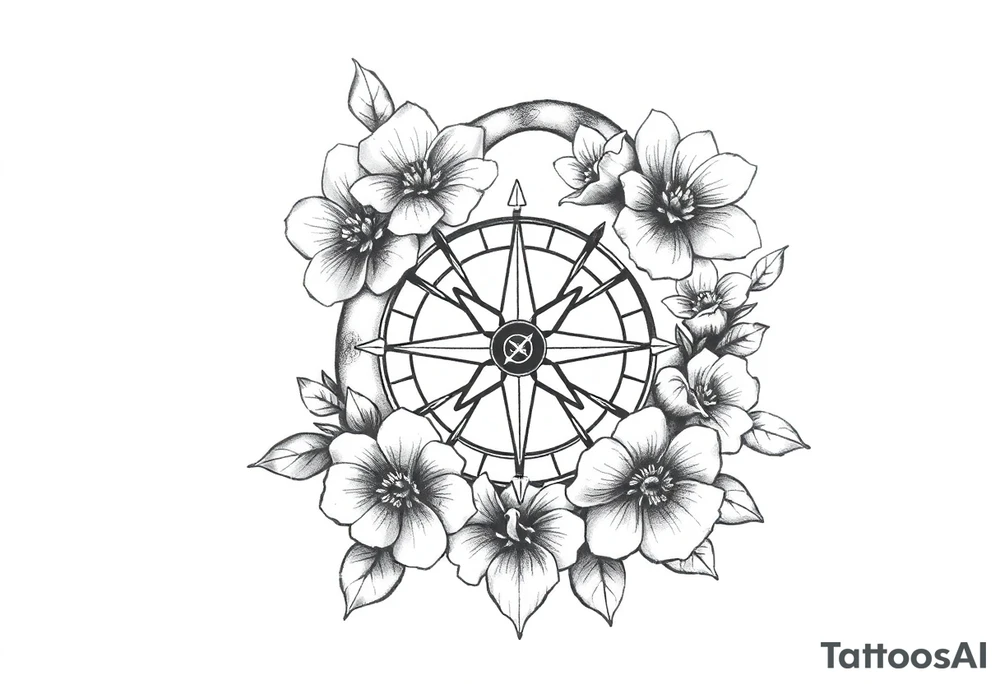 number 6 with flowers surrounding it and a nautical compass in the middle of the circle of 6 and fleur des lis as the center of the compass tattoo idea