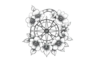 number 6 with flowers surrounding it and a nautical compass in the middle of the circle of 6 and fleur des lis as the center of the compass tattoo idea