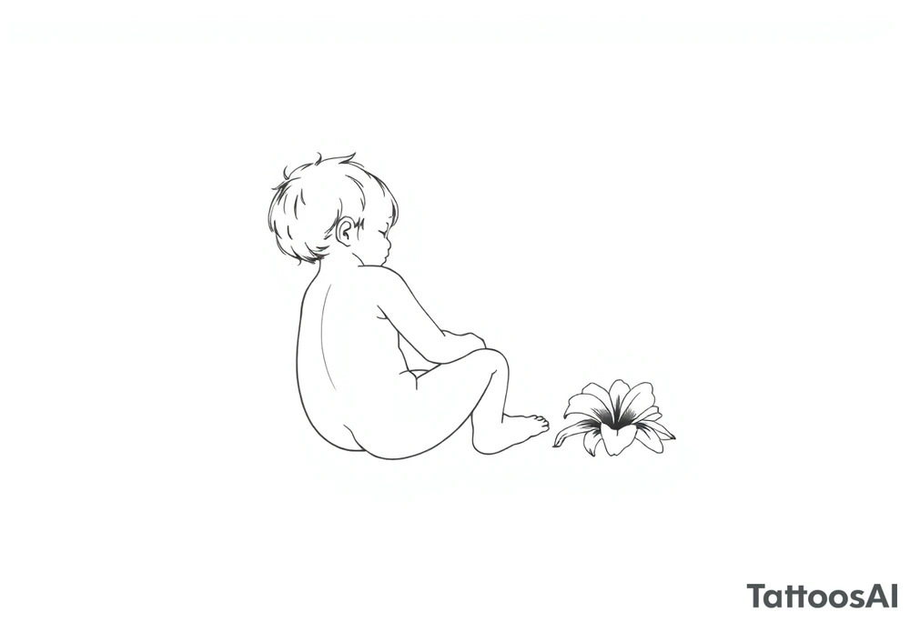 A simple tile floor with a minimalist outline of a curled up child sitting on the floor with a lily next to her tattoo idea