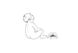 A simple tile floor with a minimalist outline of a curled up child sitting on the floor with a lily next to her tattoo idea