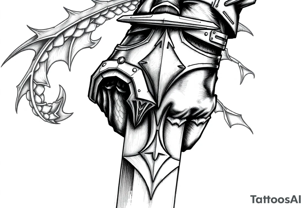 Close-up of knight's gauntlet holding sword, dragon scales visible in background. tattoo idea