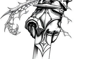 Close-up of knight's gauntlet holding sword, dragon scales visible in background. tattoo idea