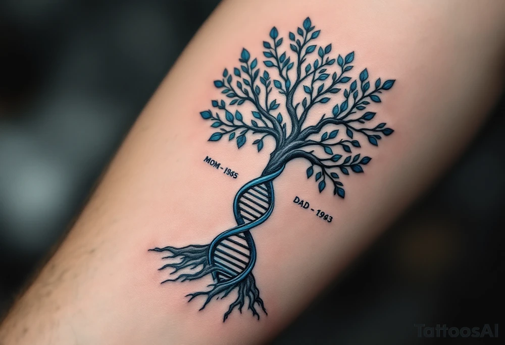 DNA strand morphing into a tree trunk, splitting into branches labeled with “Mom – 1965, Dad – 1963, Me – 1990”. Cool blue and gray tones to blend science with nature. tattoo idea
