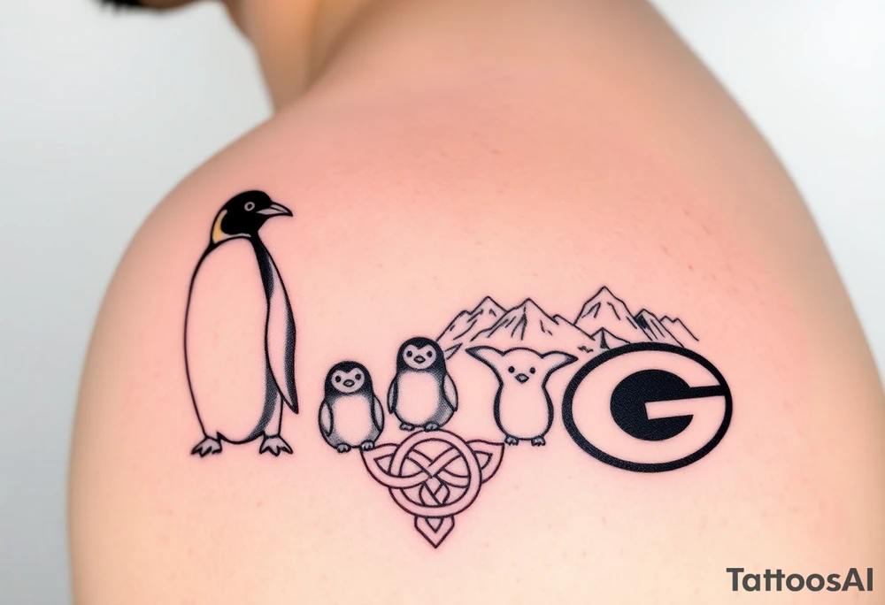 compilation outlining important things in my life such as one adult emperor penguin and 3 baby penguins, celtic trinity knot, mountains/nature, the green bay packers, and something to represent my 3 boys tattoo idea