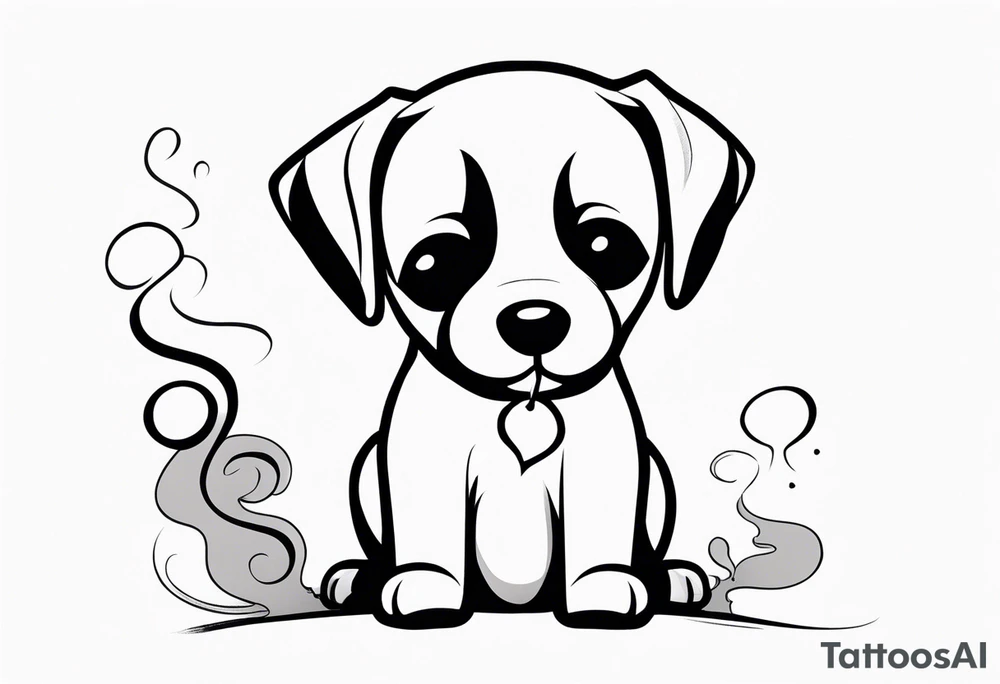 A sketch of a cute dog with large, sad eyes, sitting and smoking a cigarette, with smoke swirling around its head tattoo idea