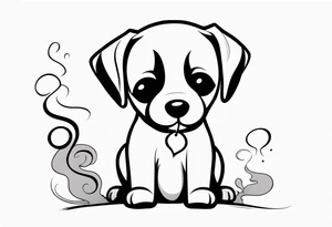 A sketch of a cute dog with large, sad eyes, sitting and smoking a cigarette, with smoke swirling around its head tattoo idea