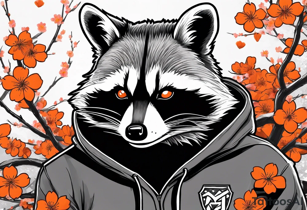 Raccoon wearing a white Superman logo on a black hoodie and orange Japanese cherry blossoms beside tattoo idea