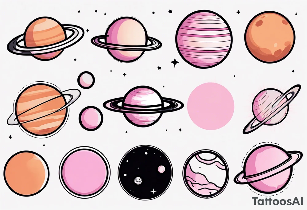 Dark Orange Pluto planet
Light orange Neptune planet
Black outline Uranus planet
light pink Saturn planet
dark pink Jupiter planet tattoo idea