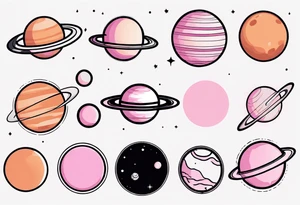 Dark Orange Pluto planet
Light orange Neptune planet
Black outline Uranus planet
light pink Saturn planet
dark pink Jupiter planet tattoo idea