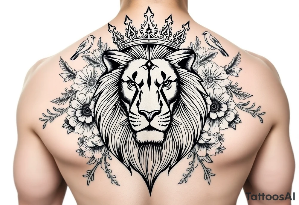 powerful majestic lion with a crown, surrounded by floral ornaments and birds tattoo idea
