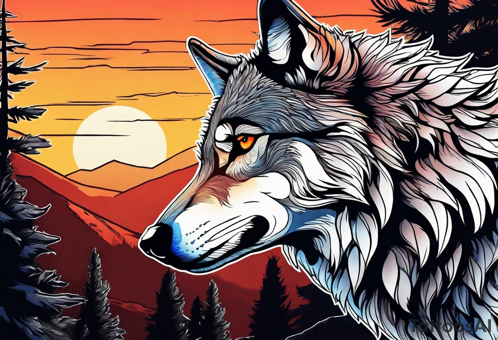 Badass wolf wearing sunglasses
Dark woods
Mountains
Sunset tattoo idea