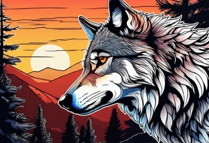 Badass wolf wearing sunglasses
Dark woods
Mountains
Sunset tattoo idea