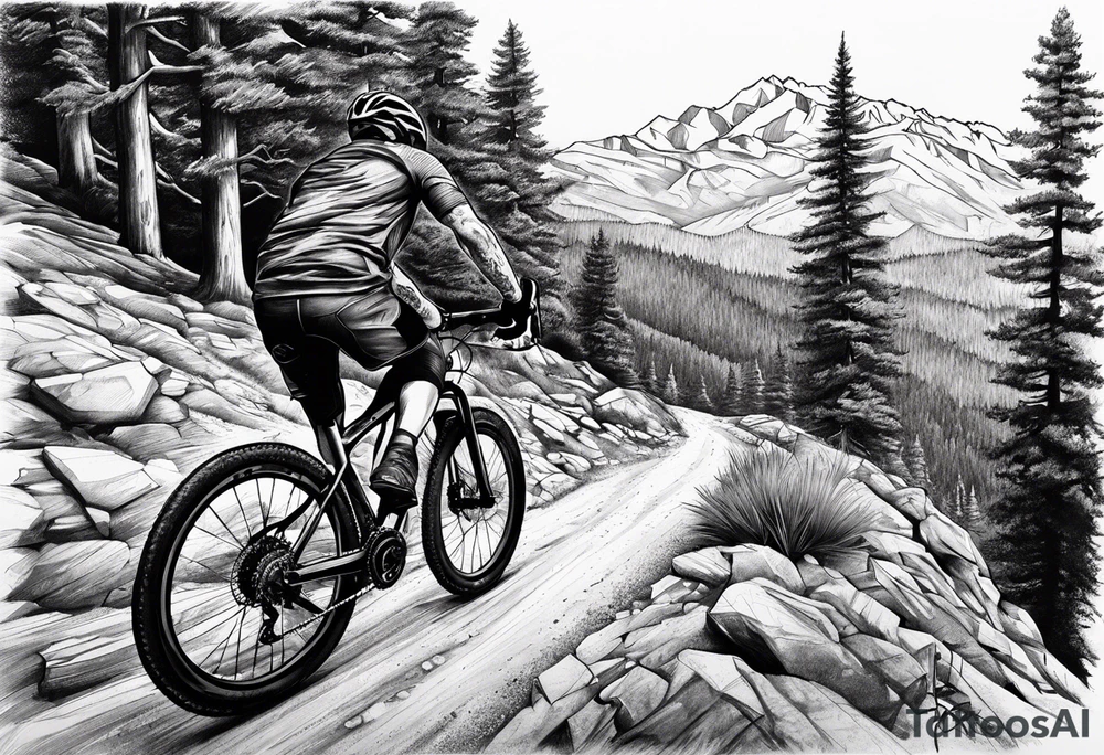 Gravel bike, going down mountain in-between trees tattoo idea