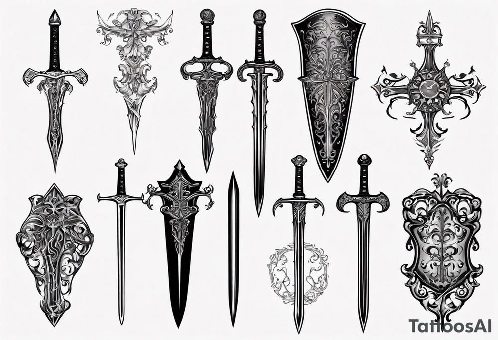 Sword behind shield filigree tattoo idea