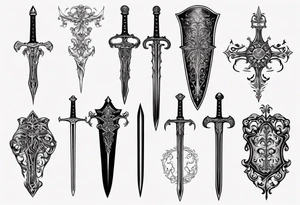 Sword behind shield filigree tattoo idea