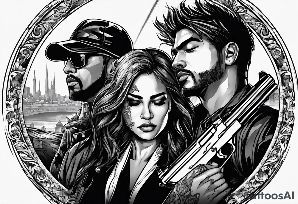 In the reflection of a eye crying blood two black siloets of people holding guns one man dead on the ground with a wounded woman standing behind him tattoo idea