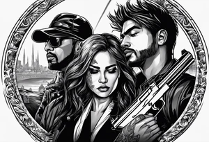 In the reflection of a eye crying blood two black siloets of people holding guns one man dead on the ground with a wounded woman standing behind him tattoo idea